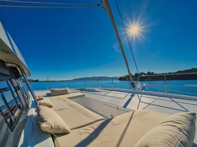 Deck of ZOIE, a Bali Catsmart catamaran at Gouvia, Greece