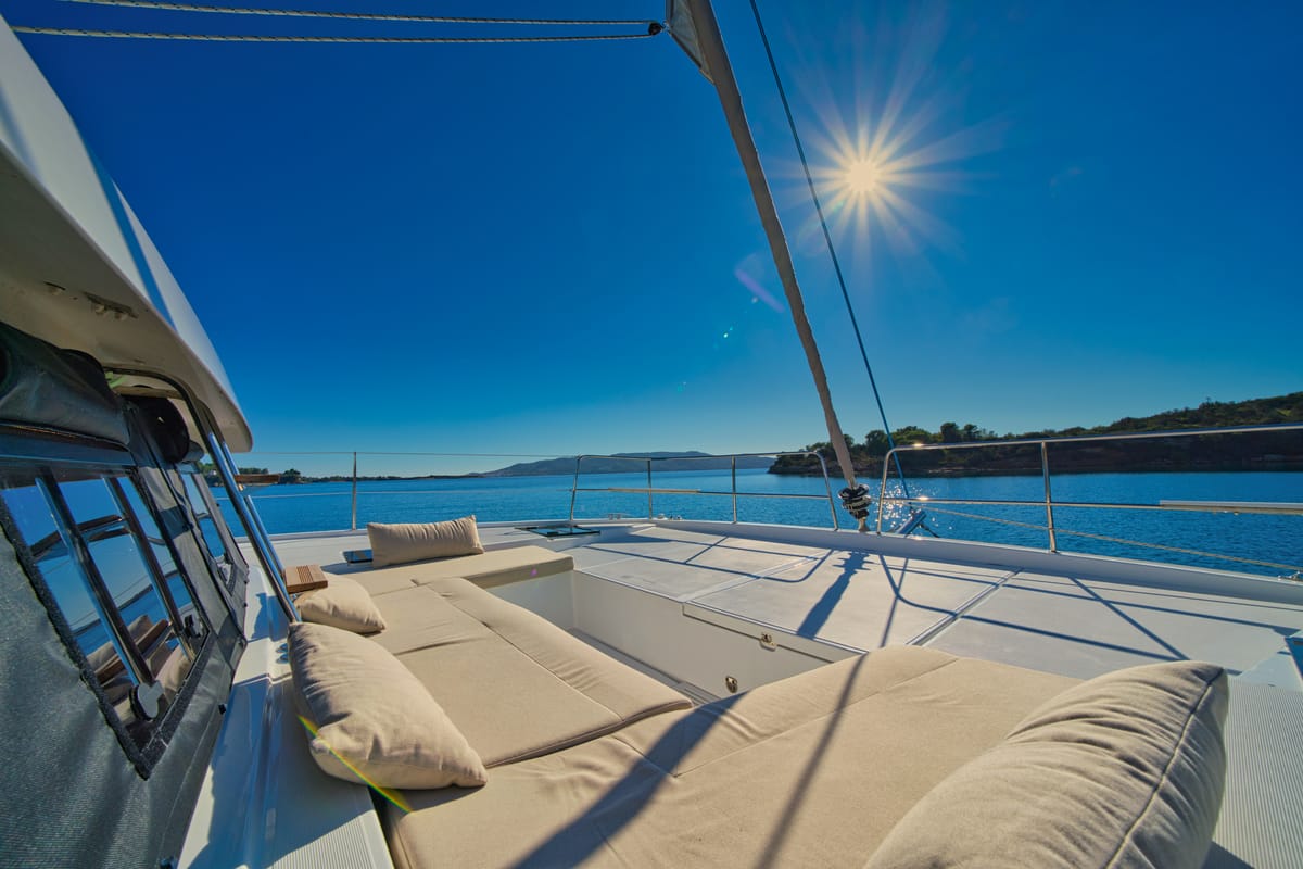 Deck of ZOIE, a Bali Catsmart catamaran at Gouvia, Greece