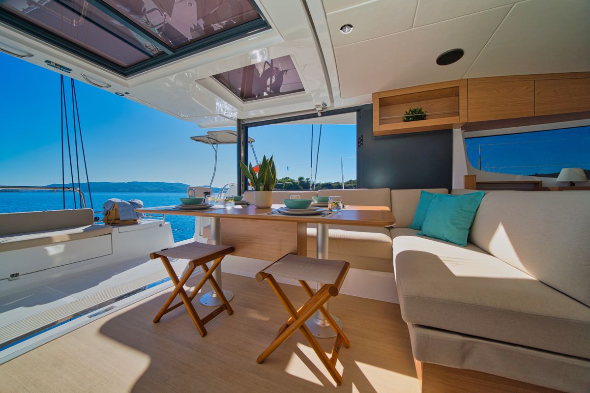 Deck of ZOIE, a Bali Catsmart catamaran at Gouvia, Greece