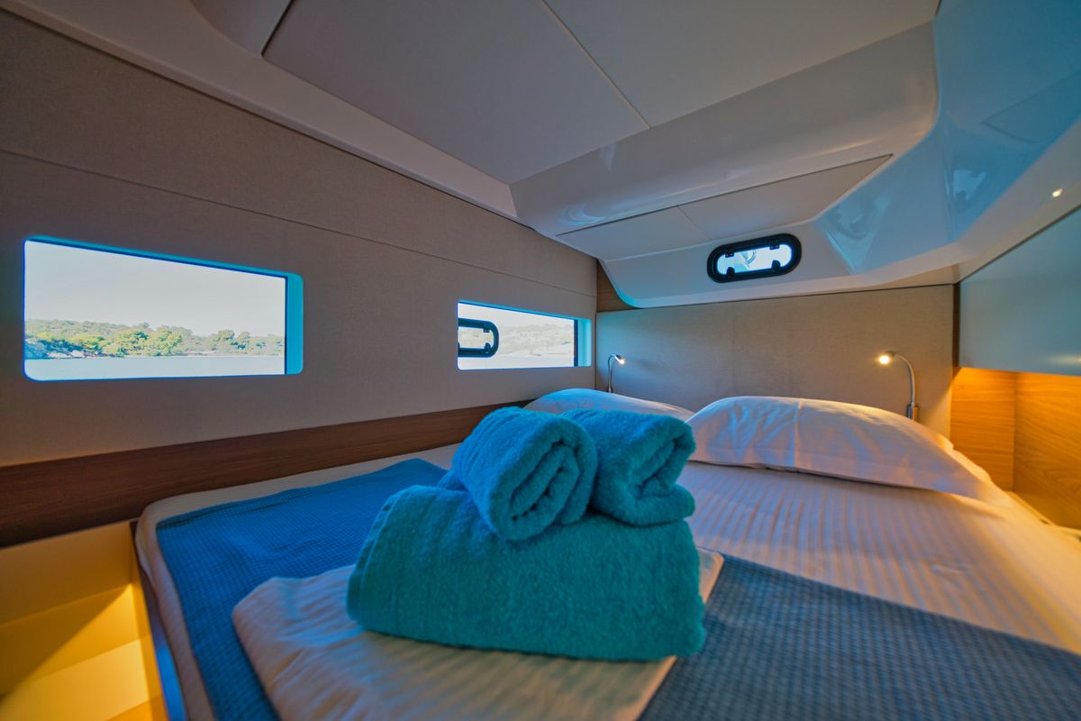 Cabin on ZOIE, a Bali Catsmart catamaran at Gouvia, Greece