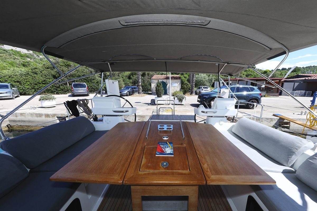 Deck of Lateja, a Dufour 520 GL sailboat at Grad Trogir, Croatia