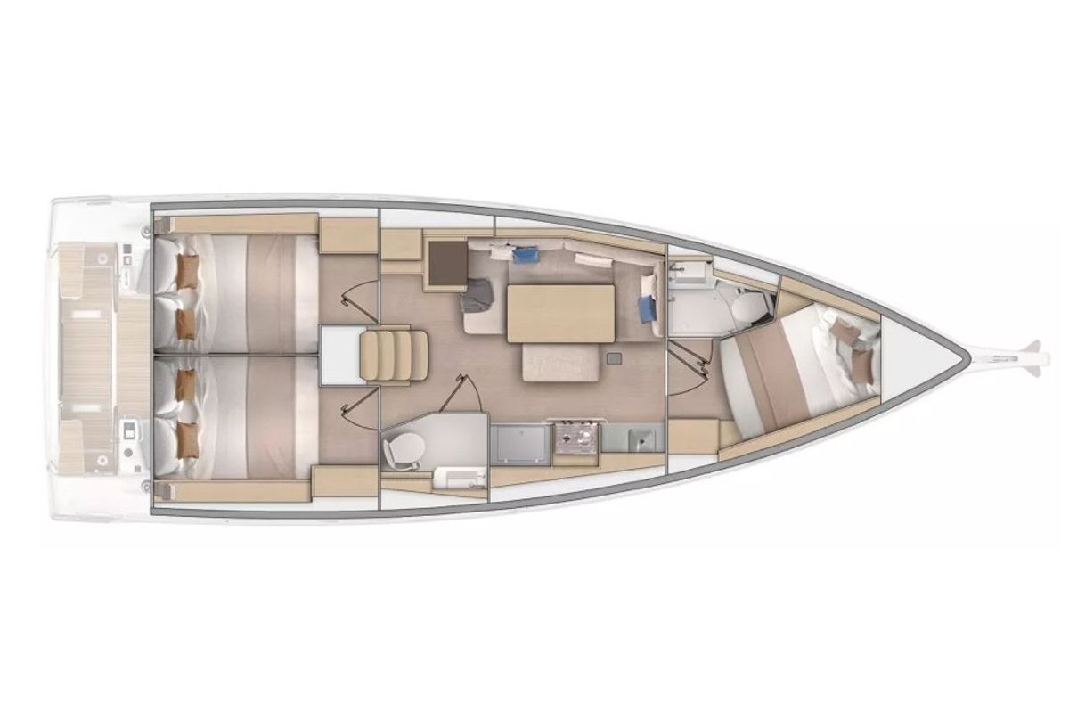 Floor plan of Silene, a Beneteau Oceanis 37.1 sailboat at Olbia, Italy