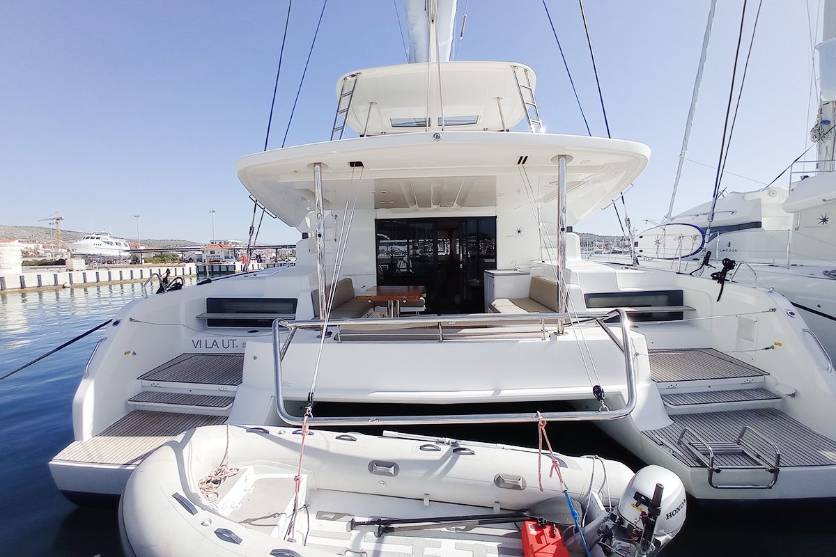 Deck of Vi La Ut, a Lagoon 50 catamaran at Seget Donji, Croatia