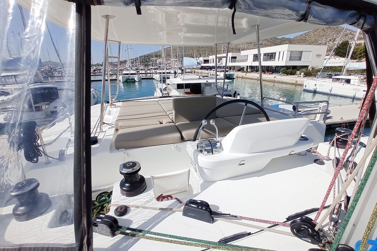 Cockpit of Vi La Ut, a Lagoon 50 catamaran at Seget Donji, Croatia