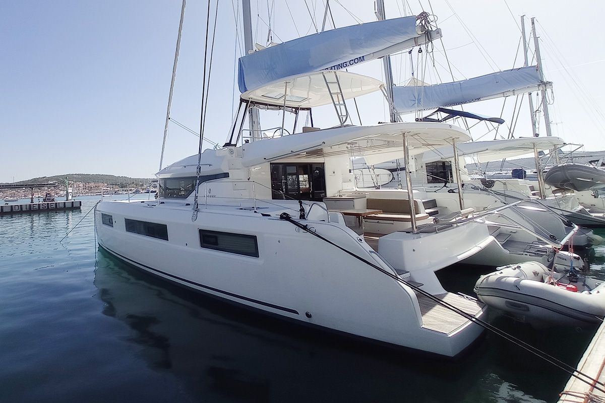 Exterior view of Vi La Ut, a Lagoon 50 catamaran at Seget Donji, Croatia