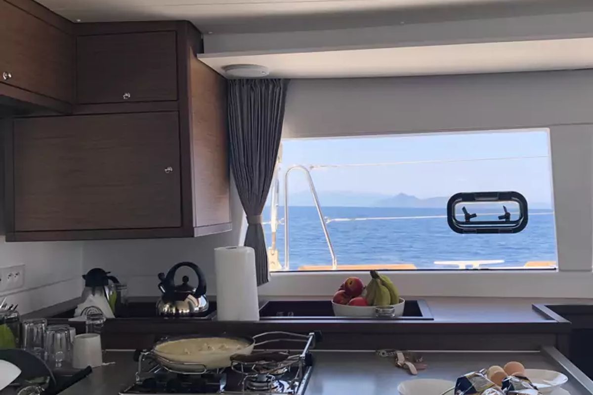 Galley of EVI, a Lagoon 450 F catamaran at Kontokali, Greece