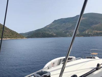 Deck of EVI, a Lagoon 450 F catamaran at Kontokali, Greece