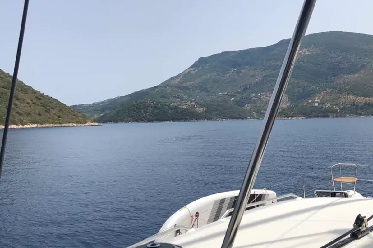 Deck of EVI, a Lagoon 450 F catamaran at Kontokali, Greece