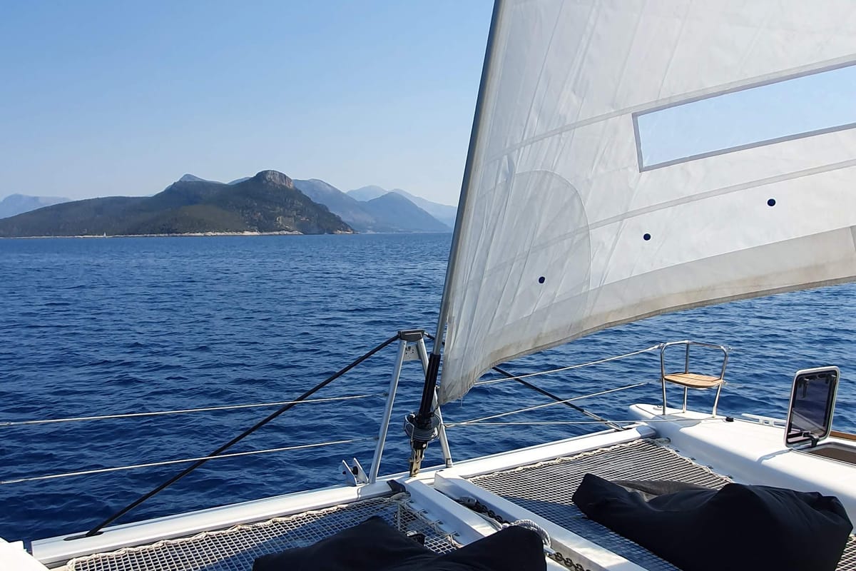 Deck of EVI, a Lagoon 450 F catamaran at Kontokali, Greece
