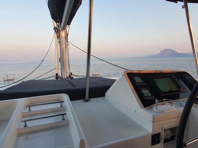 Cockpit of EVI, a Lagoon 450 F catamaran at Kontokali, Greece