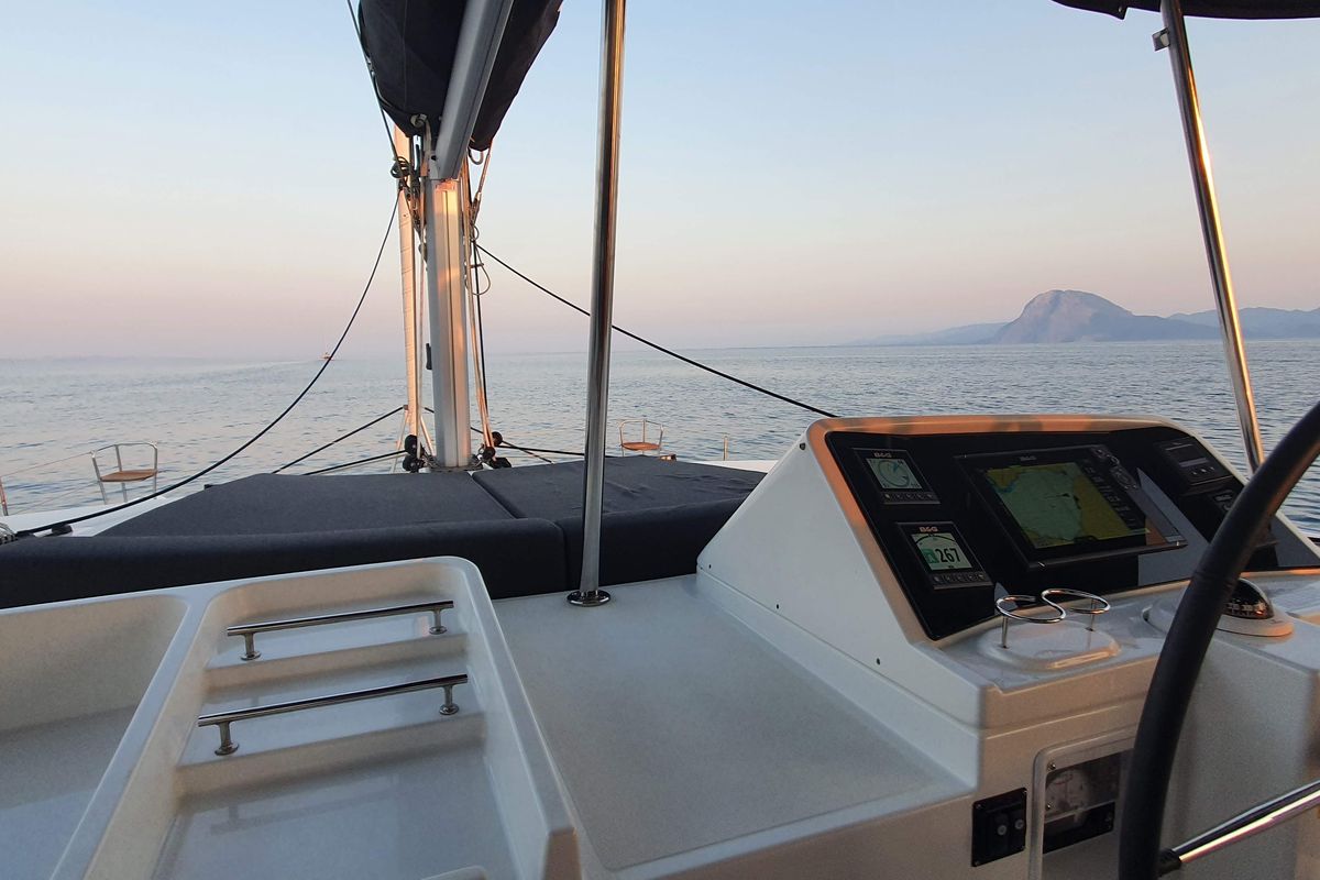 Cockpit of EVI, a Lagoon 450 F catamaran at Kontokali, Greece