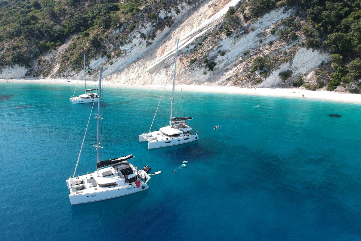 Exterior view of EVI, a Lagoon 450 F catamaran at Kontokali, Greece