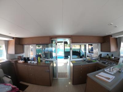 Galley of EVI, a Lagoon 450 F catamaran at Kontokali, Greece