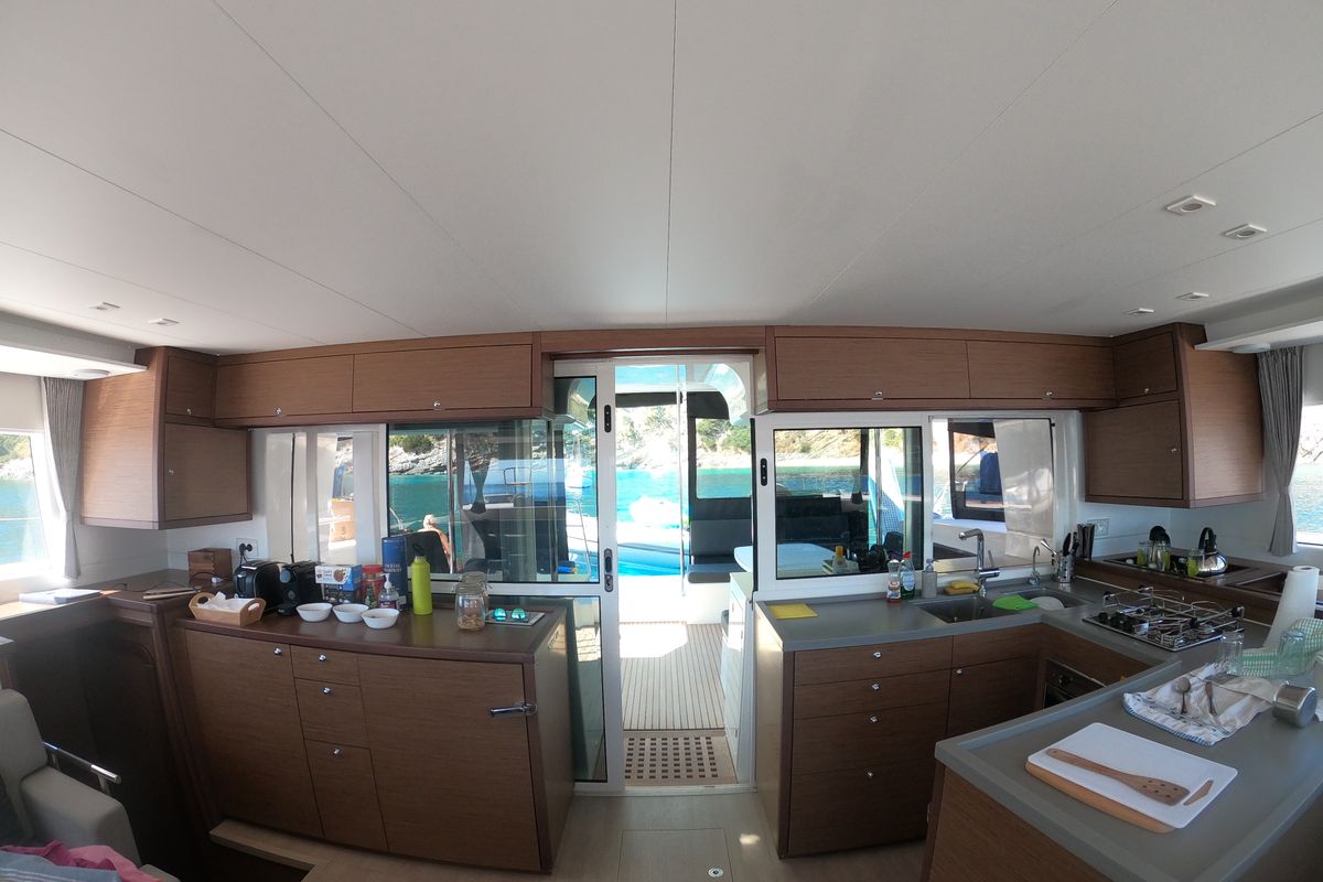 Galley of EVI, a Lagoon 450 F catamaran at Kontokali, Greece