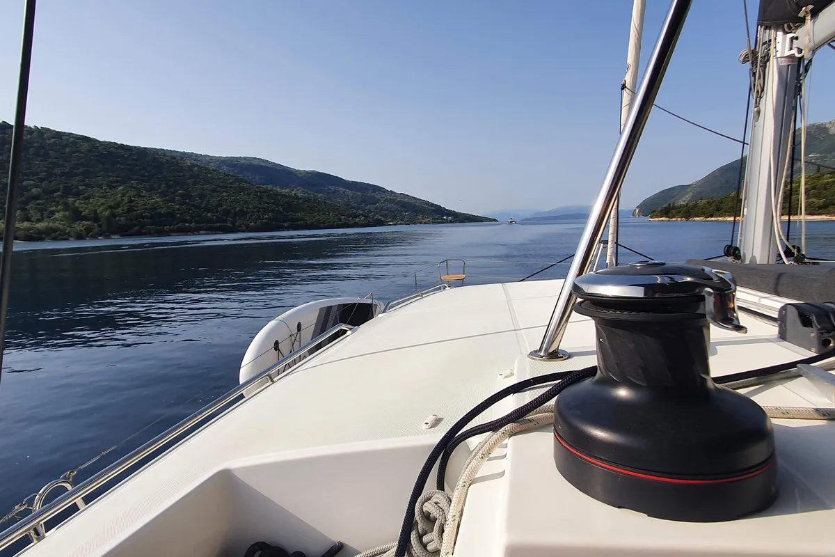 Deck of EVI, a Lagoon 450 F catamaran at Kontokali, Greece