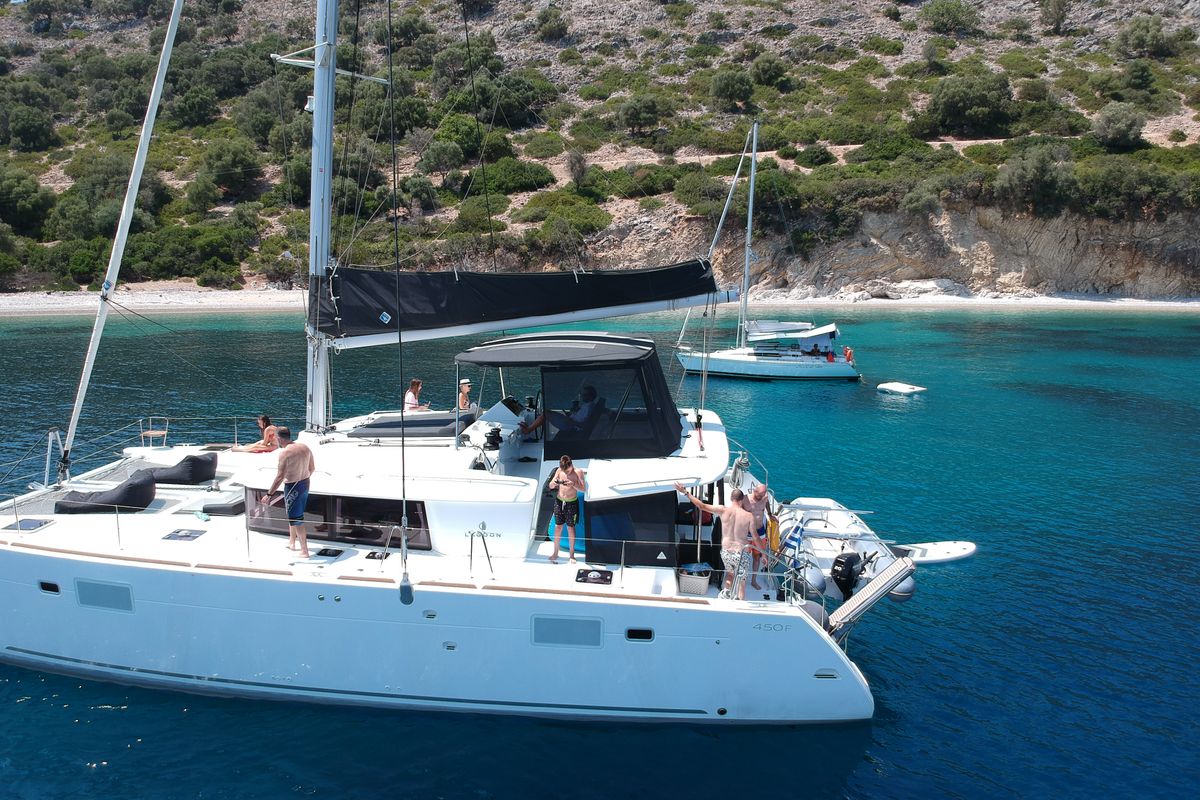 Exterior view of EVI, a Lagoon 450 F catamaran at Kontokali, Greece