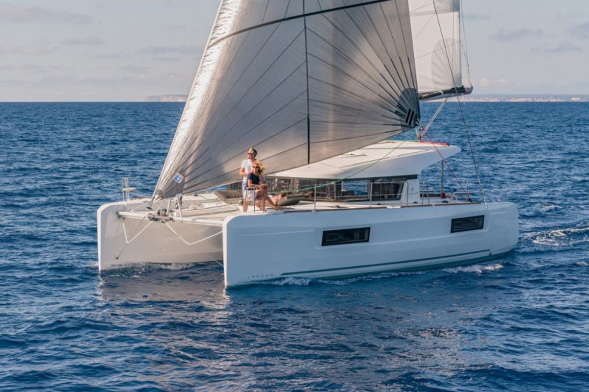 Exterior view of Georgios, a Lagoon 40 catamaran at Athens, Greece
