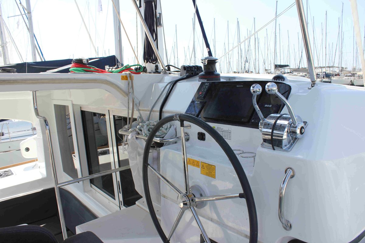 Cockpit of Georgios, a Lagoon 40 catamaran at Athens, Greece