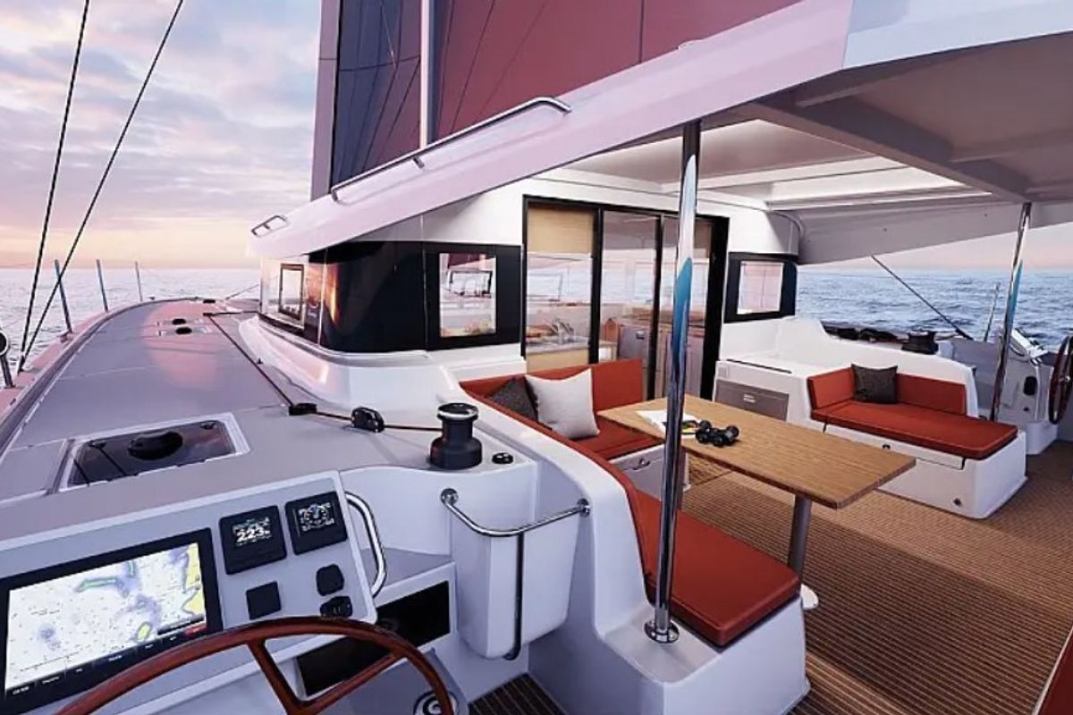 Cockpit of Nicolas, a Excess 14 catamaran at Municipal Unit of Lefkada, Greece