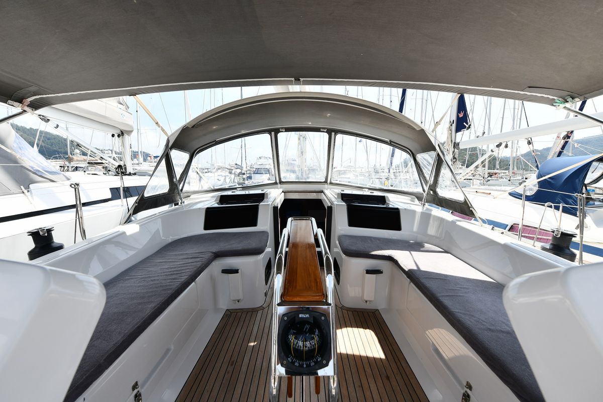 Cockpit of Sarisu, a Hanse Yachts Hanse 458 sailboat at Fethiye, Turkey