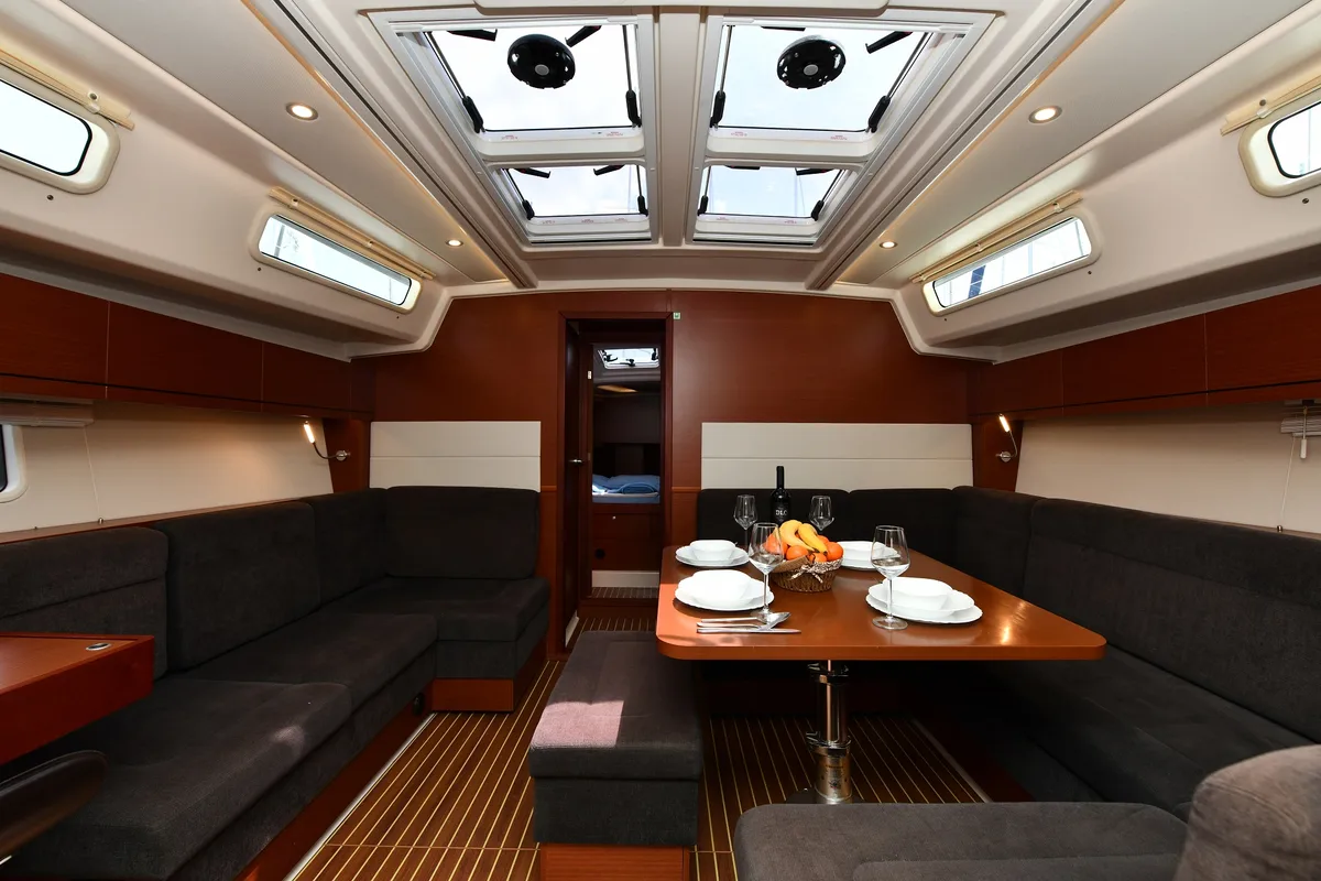 Salon of Sarisu, a Hanse Yachts Hanse 458 sailboat at Fethiye, Turkey