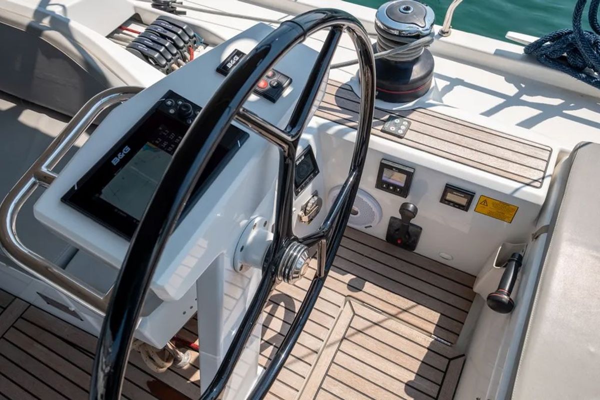 Cockpit of LFK-51.1, a Beneteau Oceanis 51.1 sailboat at Municipal Unit of Lefkada, Greece
