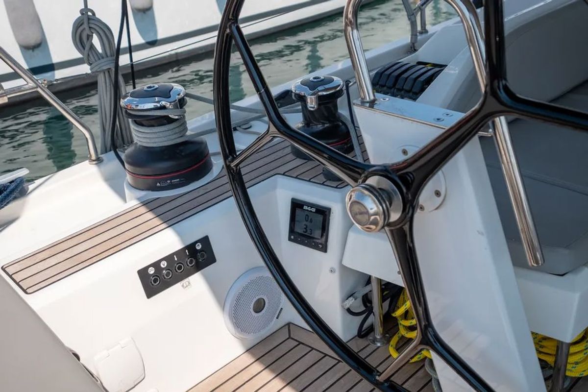 Cockpit of LFK-51.1, a Beneteau Oceanis 51.1 sailboat at Municipal Unit of Lefkada, Greece