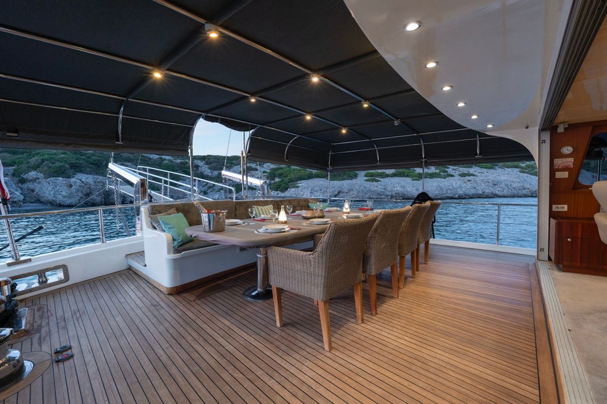 Deck of Lucky You, a Gulet Custom built 183 yacht at Bodrum, Turkey