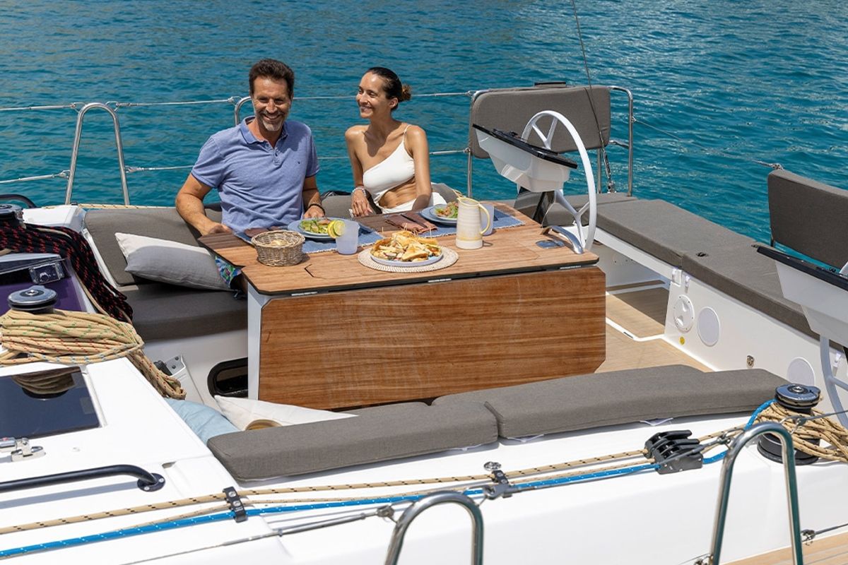 Deck of Madona, a Dufour 41 sailboat at es Jonquet, Spain