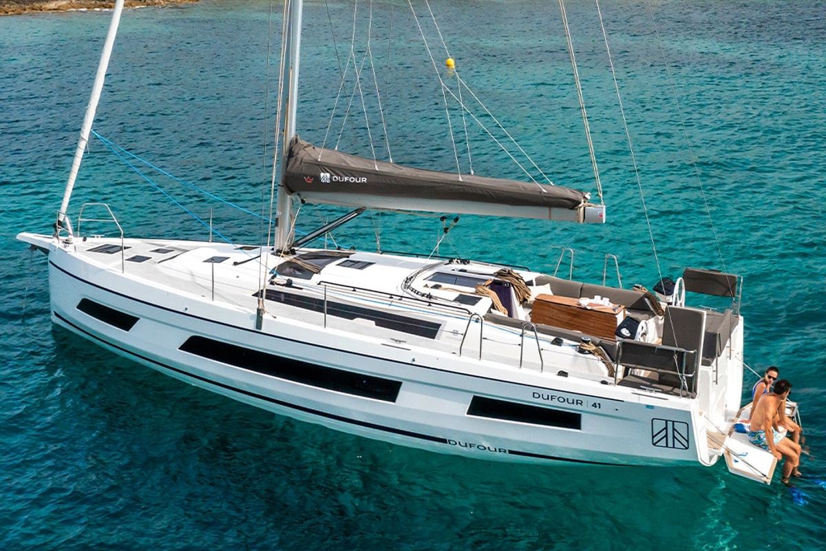 Exterior view of Madona, a Dufour 41 sailboat at es Jonquet, Spain
