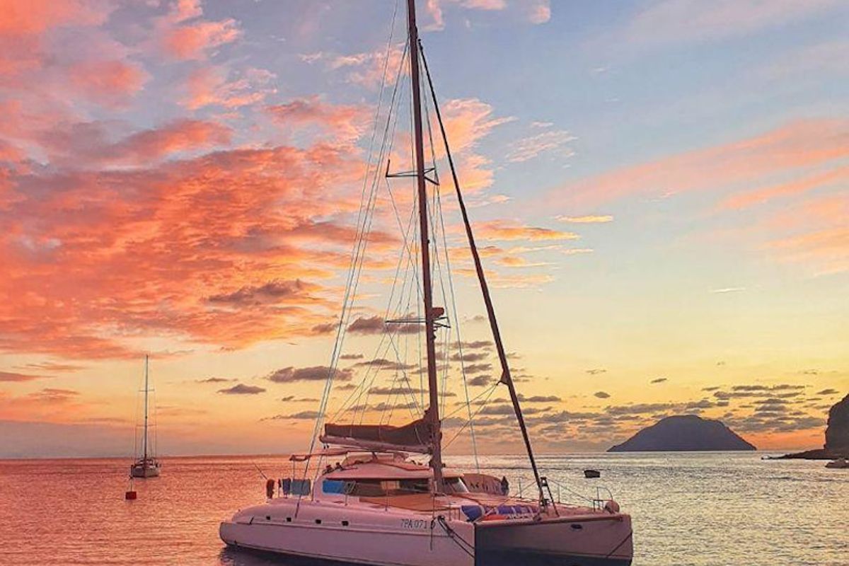 Exterior view of Hyera, a Fountaine Pajot Bahia 46 catamaran at Palermo, Italy