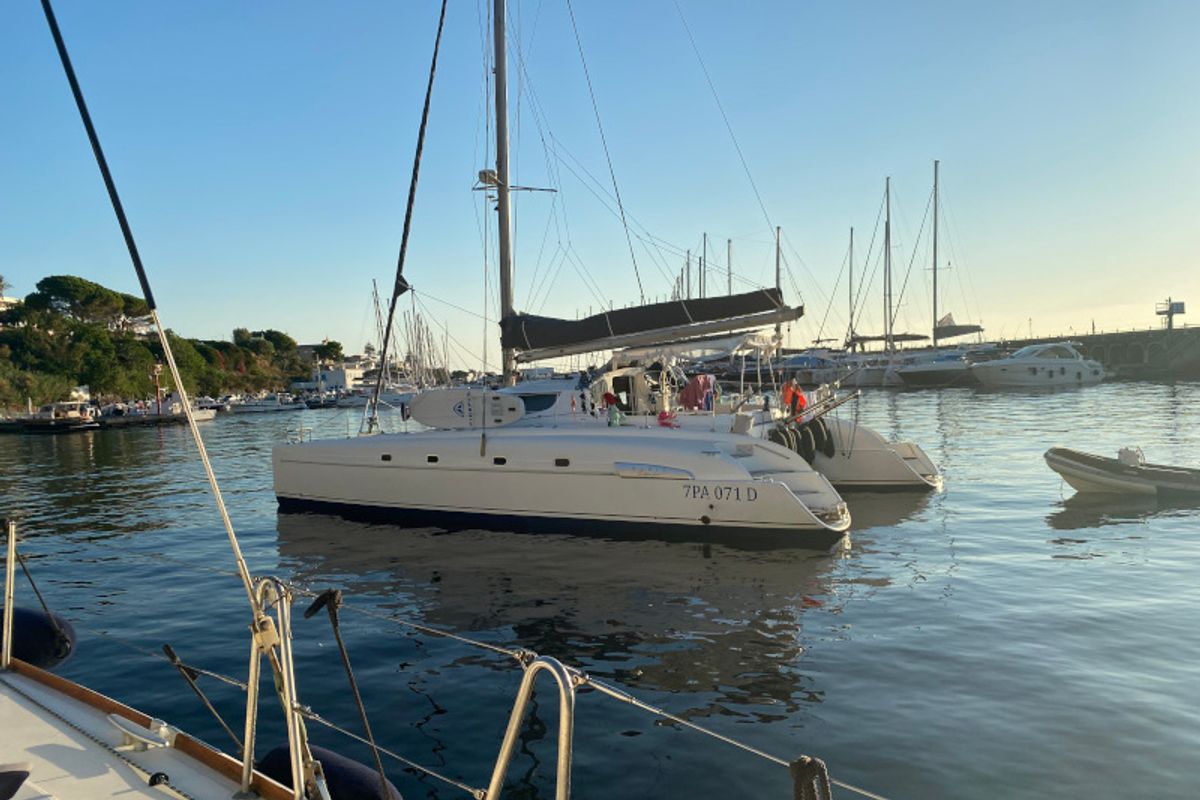 Exterior view of Hyera, a Fountaine Pajot Bahia 46 catamaran at Palermo, Italy