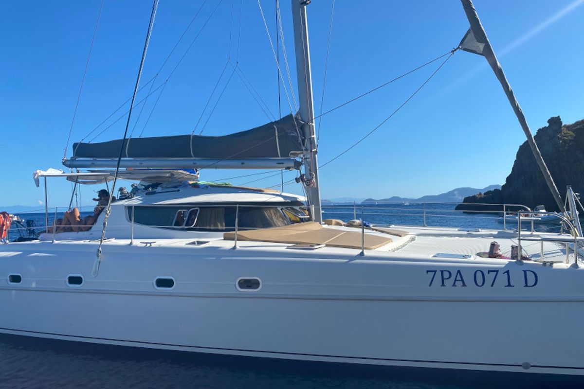 Exterior view of Hyera, a Fountaine Pajot Bahia 46 catamaran at Palermo, Italy