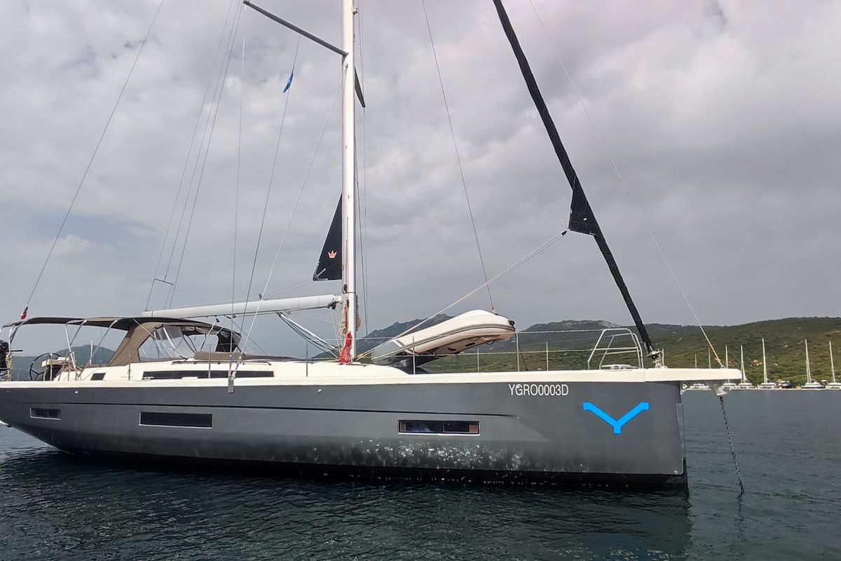 Exterior view of Gryffindor, a Dufour 530 sailboat at Olbia, Italy