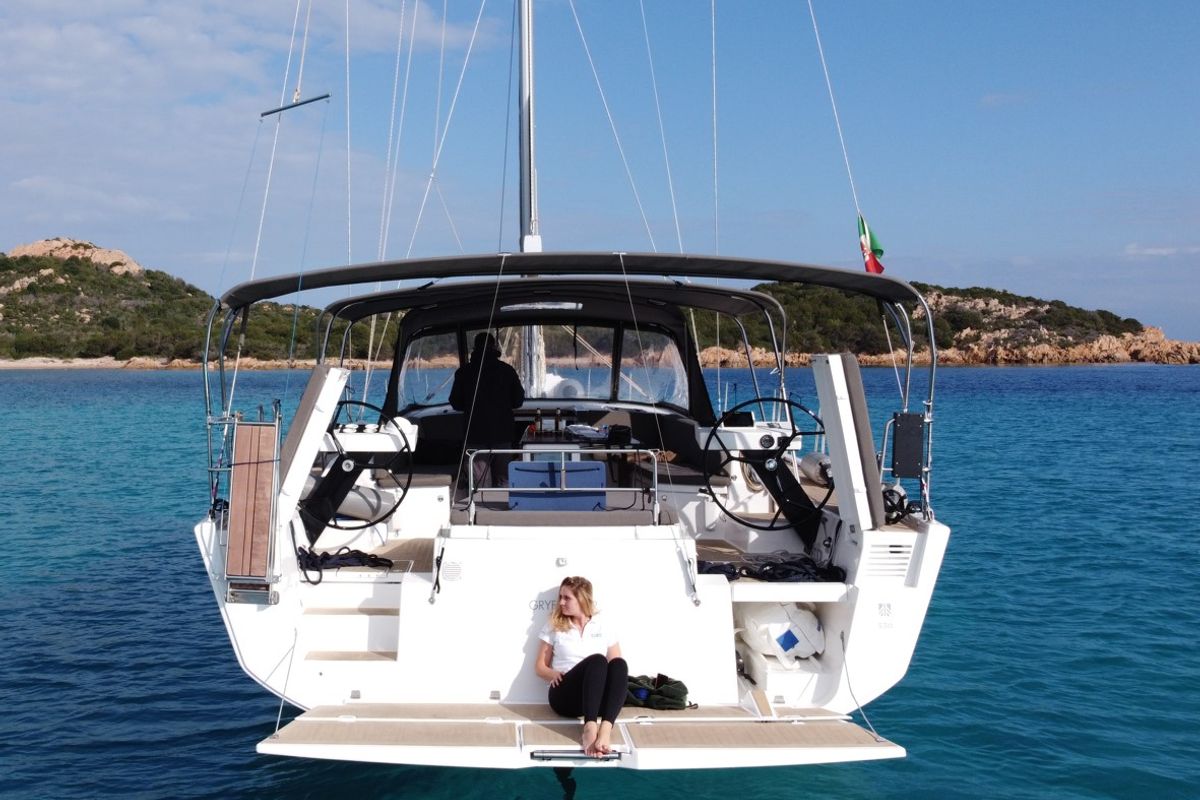 Exterior view of Gryffindor, a Dufour 530 sailboat at Olbia, Italy
