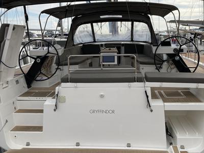 Cockpit of Gryffindor, a Dufour 530 sailboat at Olbia, Italy
