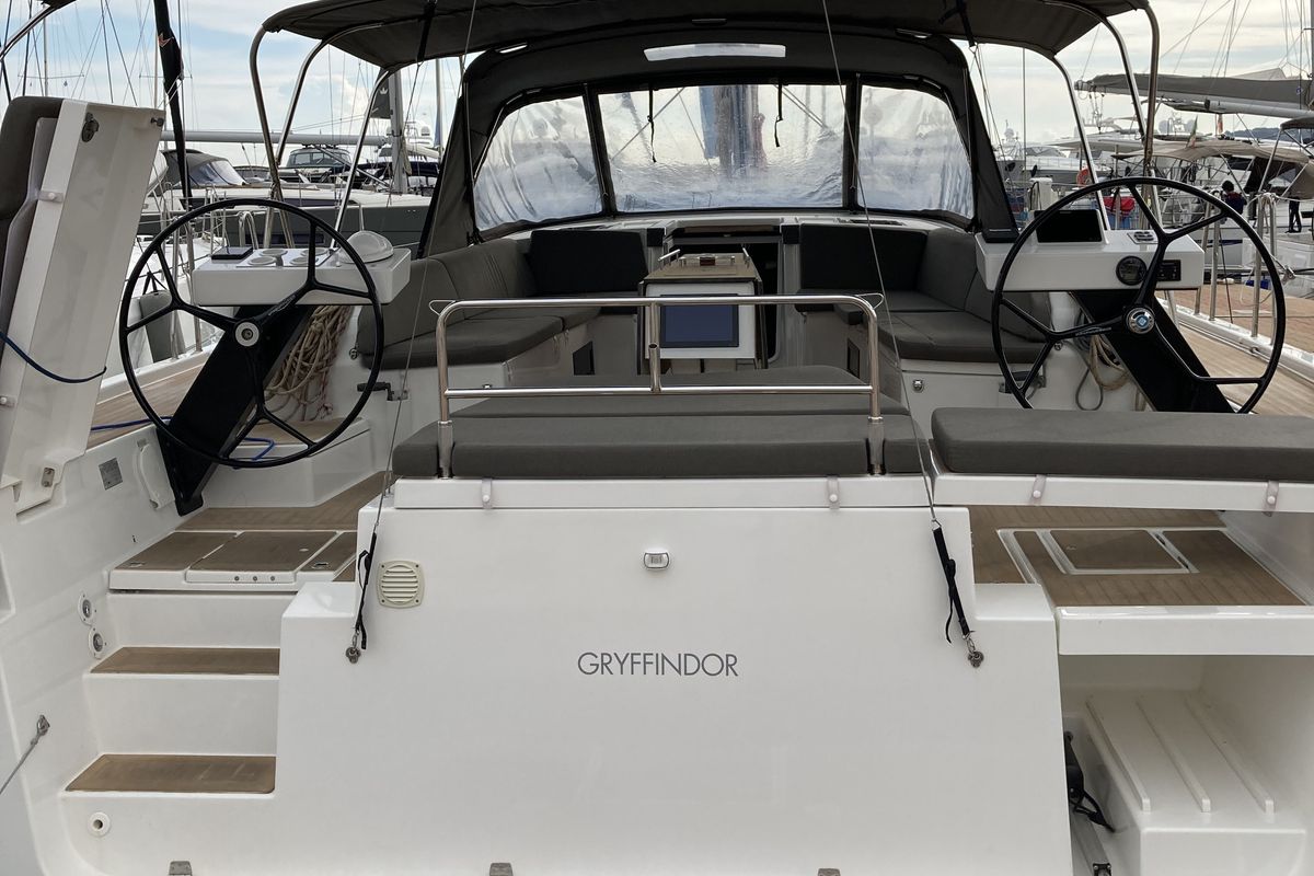 Cockpit of Gryffindor, a Dufour 530 sailboat at Olbia, Italy