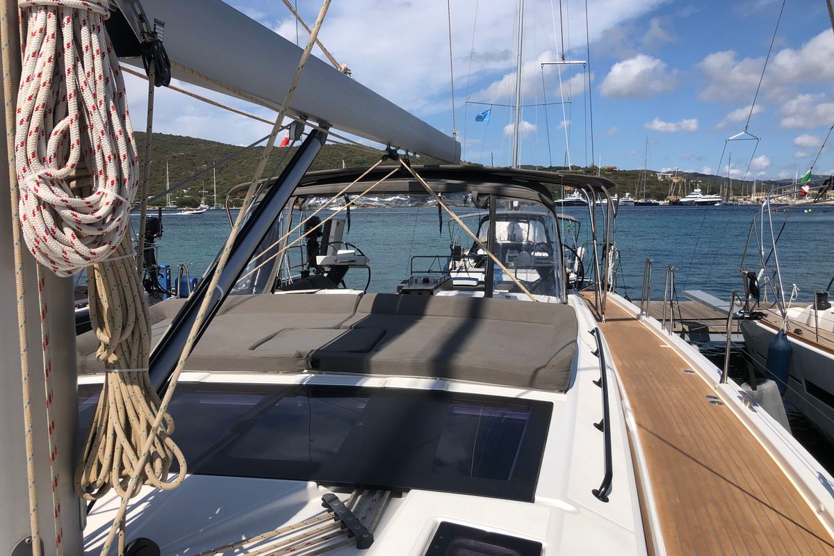 Deck of Gryffindor, a Dufour 530 sailboat at Olbia, Italy