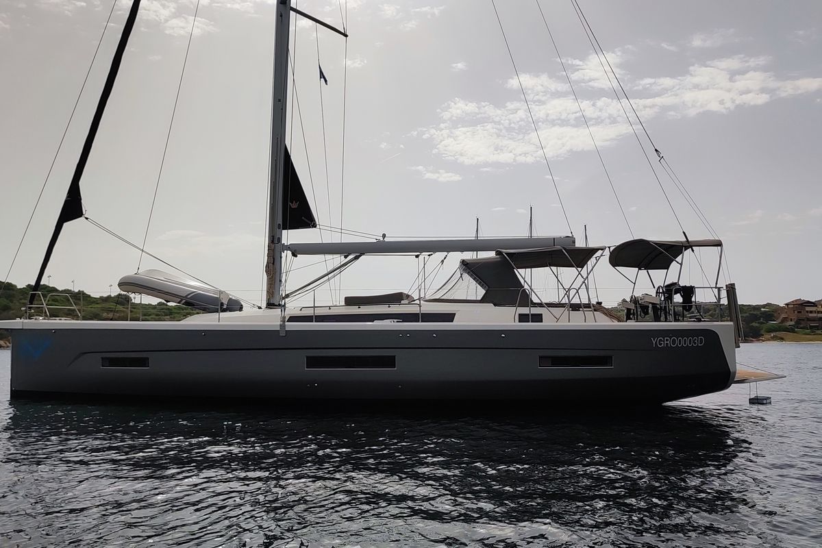 Exterior view of Gryffindor, a Dufour 530 sailboat at Olbia, Italy