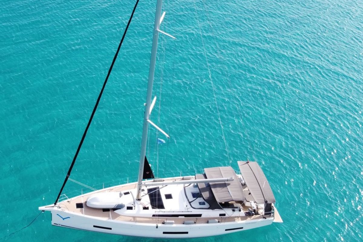 Exterior view of Gryffindor, a Dufour 530 sailboat at Olbia, Italy