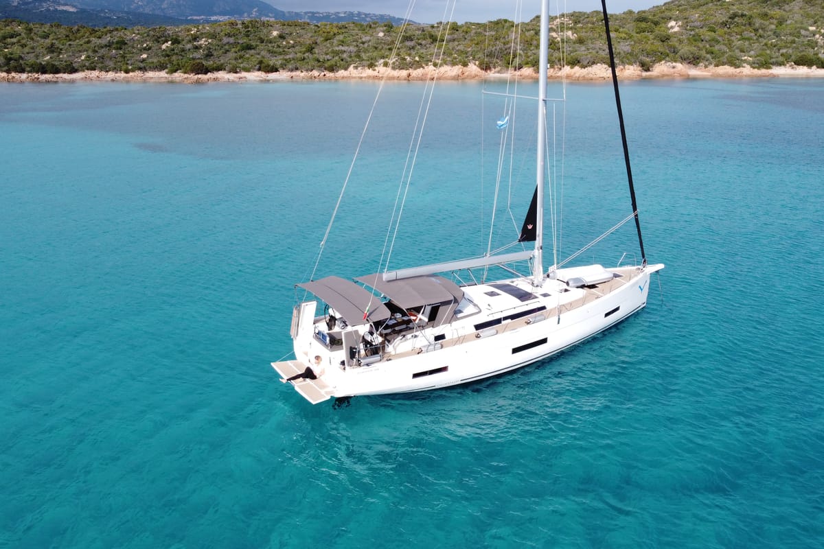 Exterior view of Gryffindor, a Dufour 530 sailboat at Olbia, Italy
