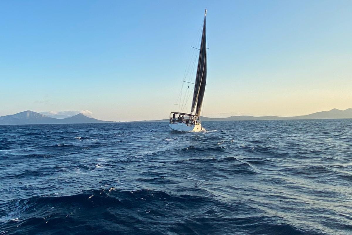 Exterior view of Gryffindor, a Dufour 530 sailboat at Olbia, Italy