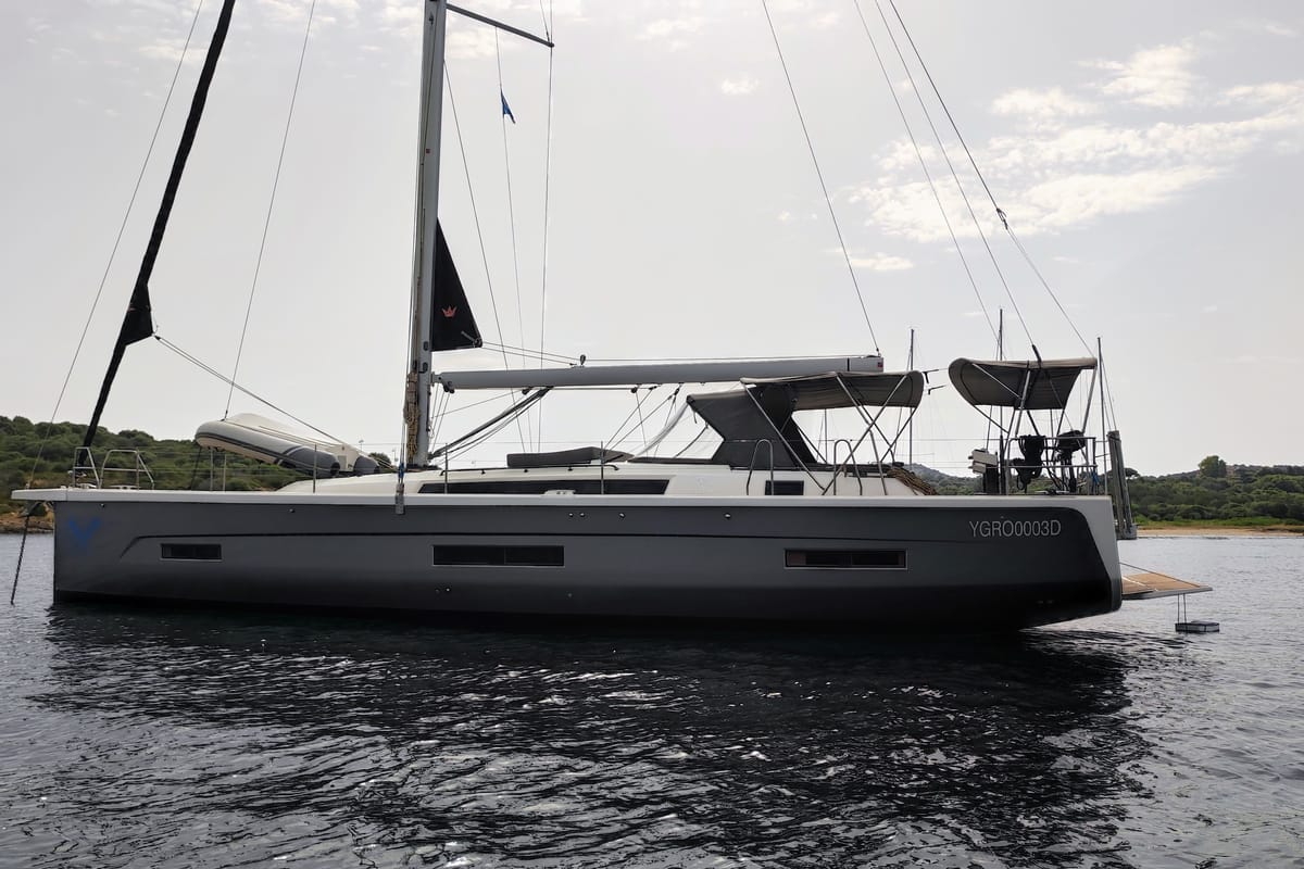 Exterior view of Gryffindor, a Dufour 530 sailboat at Olbia, Italy