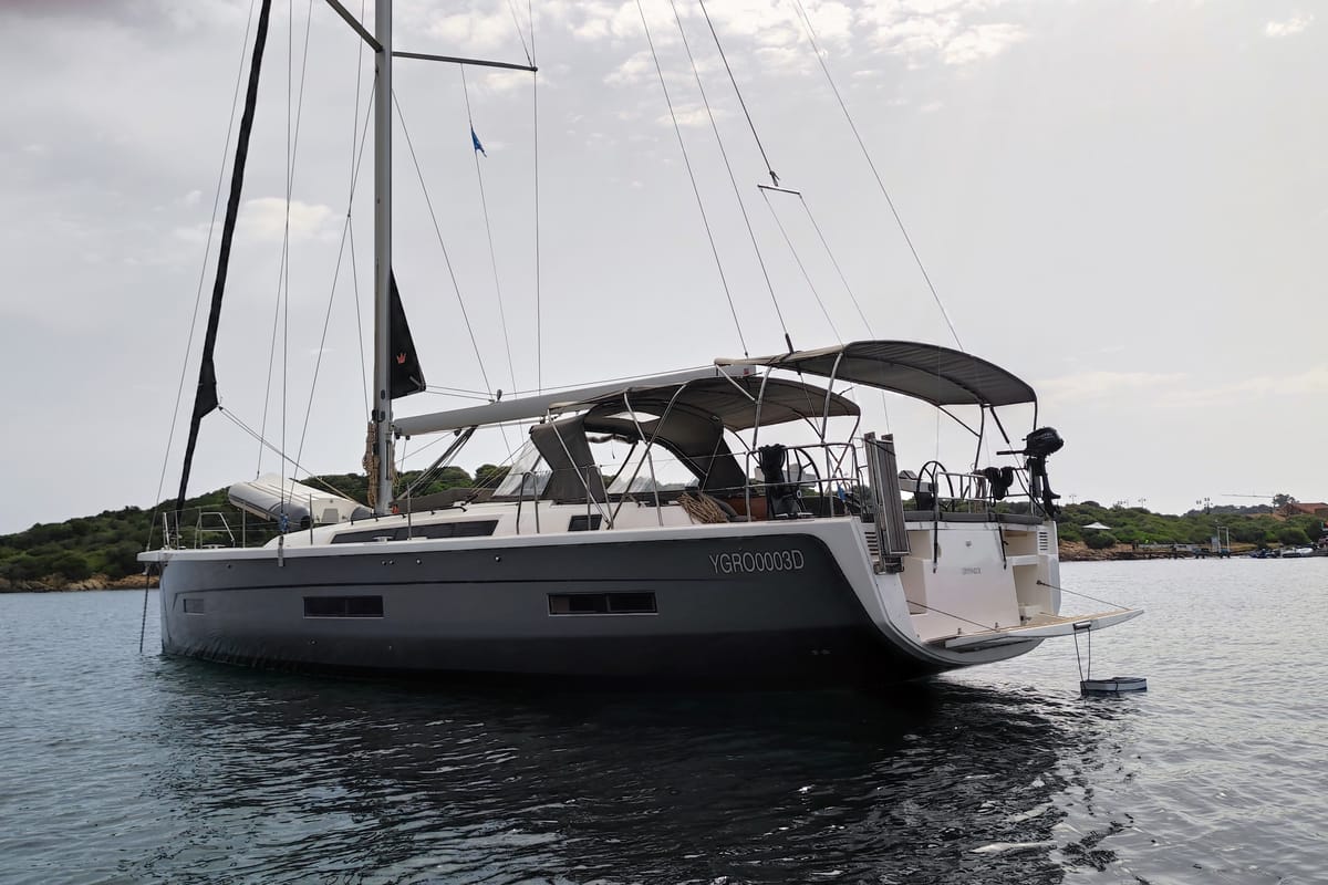 Exterior view of Gryffindor, a Dufour 530 sailboat at Olbia, Italy