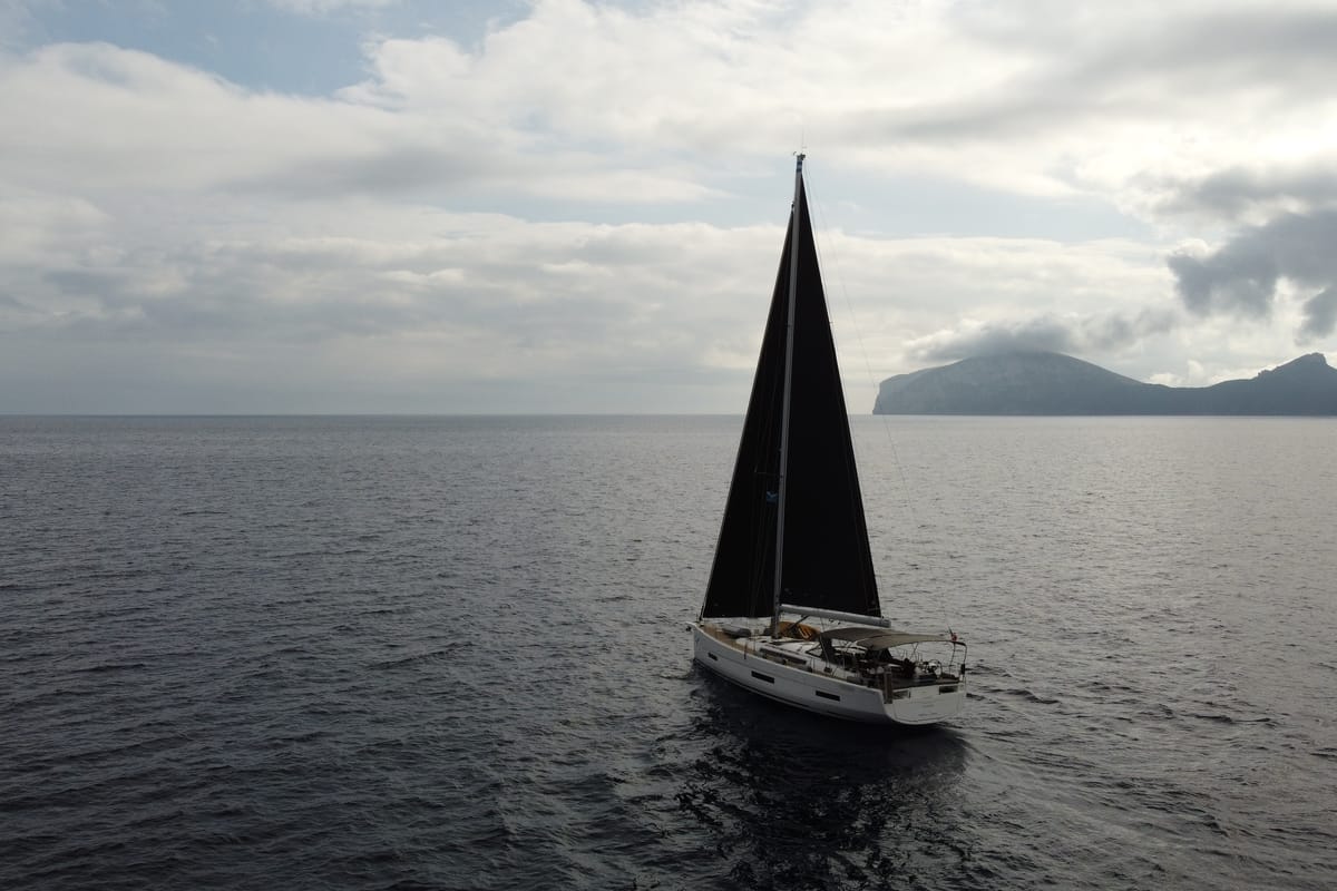 Exterior view of Gryffindor, a Dufour 530 sailboat at Olbia, Italy