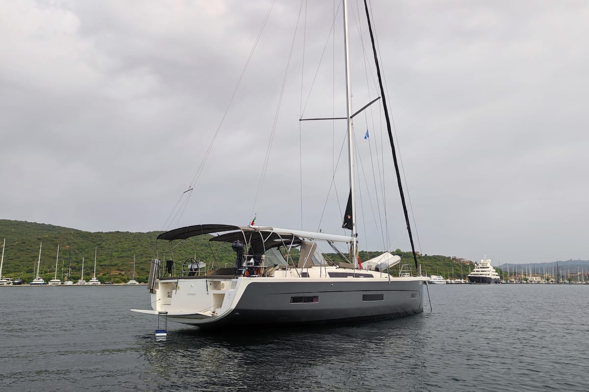 Exterior view of Gryffindor, a Dufour 530 sailboat at Olbia, Italy