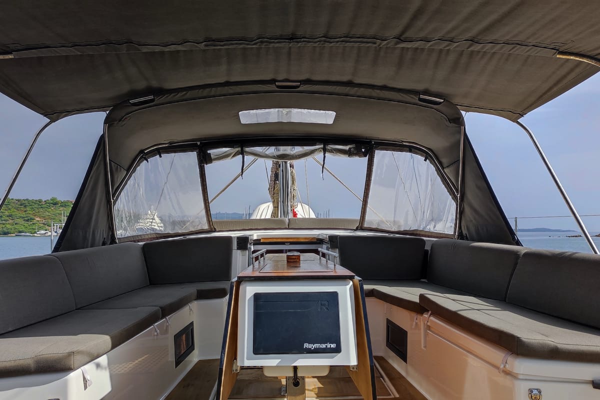 Cockpit of Gryffindor, a Dufour 530 sailboat at Olbia, Italy