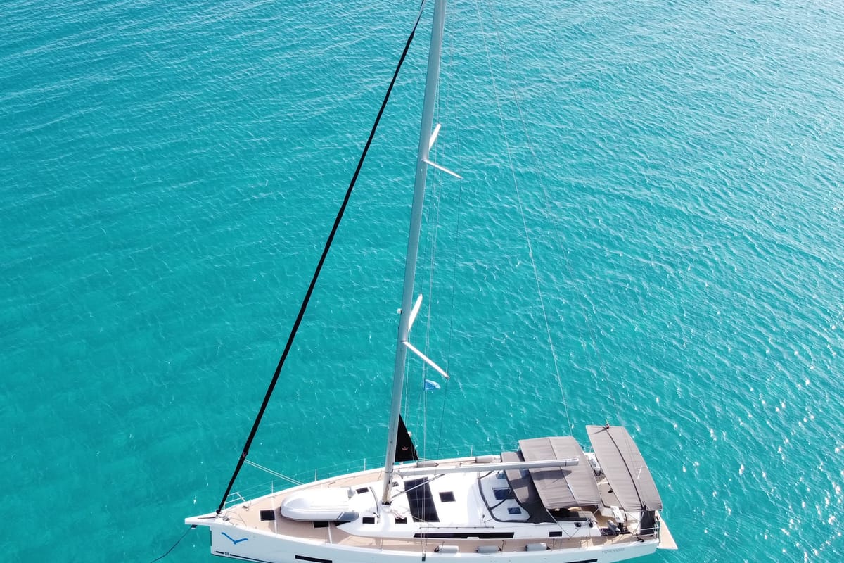 Exterior view of Gryffindor, a Dufour 530 sailboat at Olbia, Italy