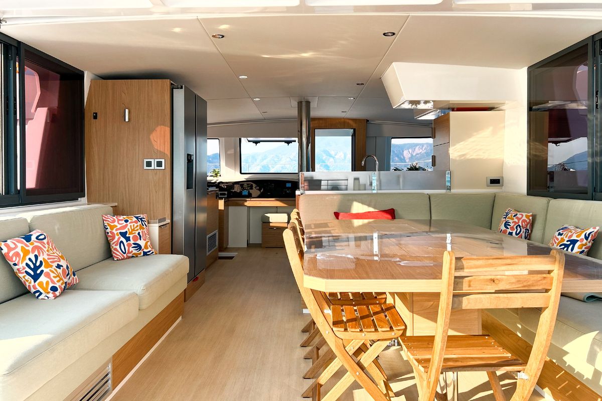 Salon of Baikal, a Bali 4.8 catamaran at Marmaris, Turkey