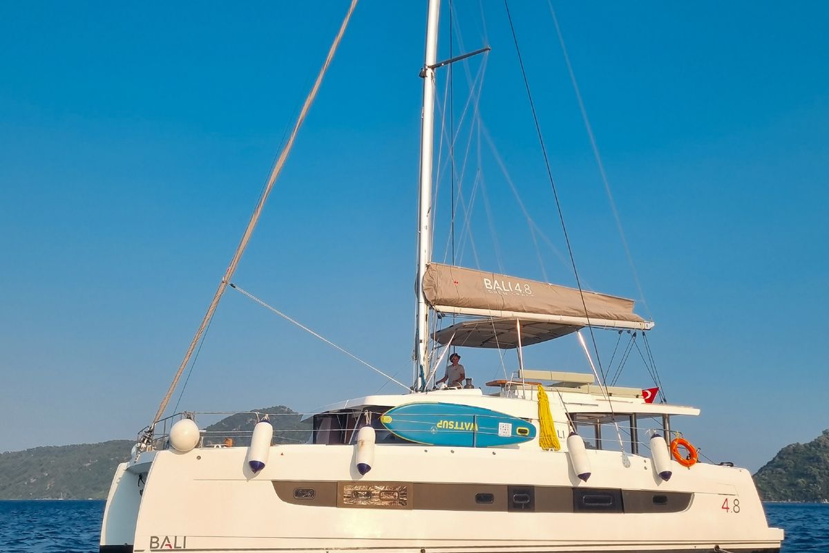 Exterior view of Baikal, a Bali 4.8 catamaran at Marmaris, Turkey